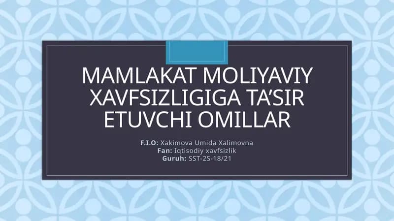 Mamlakat moliyaviy xavfsizligiga ta’sir etuvchi omillar