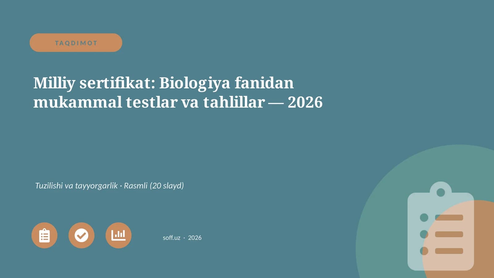 Milliy sertifikat: Biologiya fanidan mukammal testlar va tahlillar — 2026