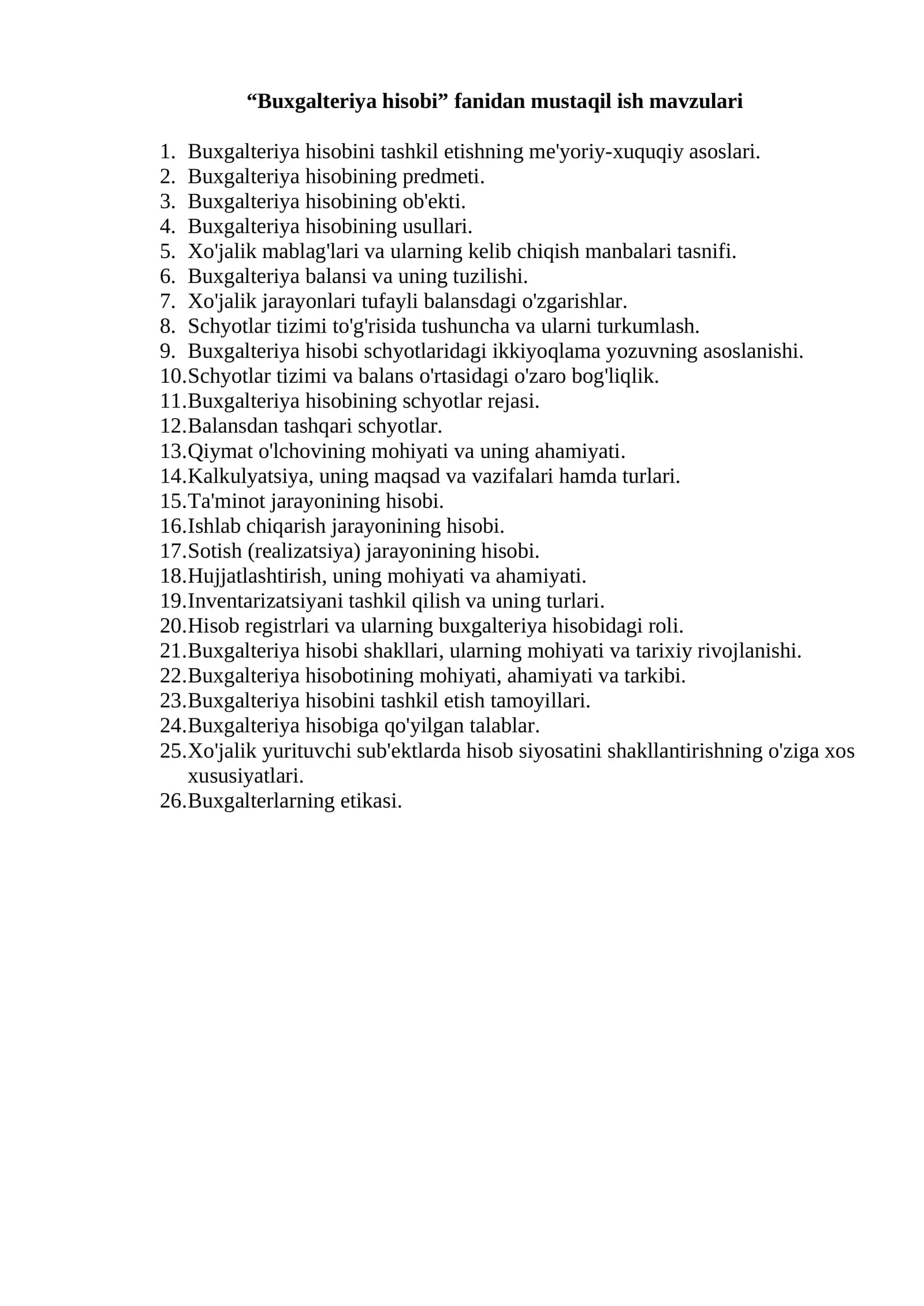 “Buxgalteriya hisobi” fanidan mustaqil ish mavzulari
