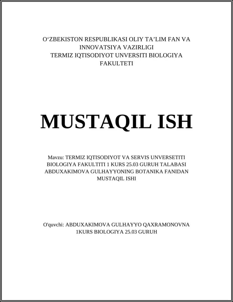 Termiz Iqtisodiyot Universiteti Biologiya Fakulteti Mustaqil Ish
