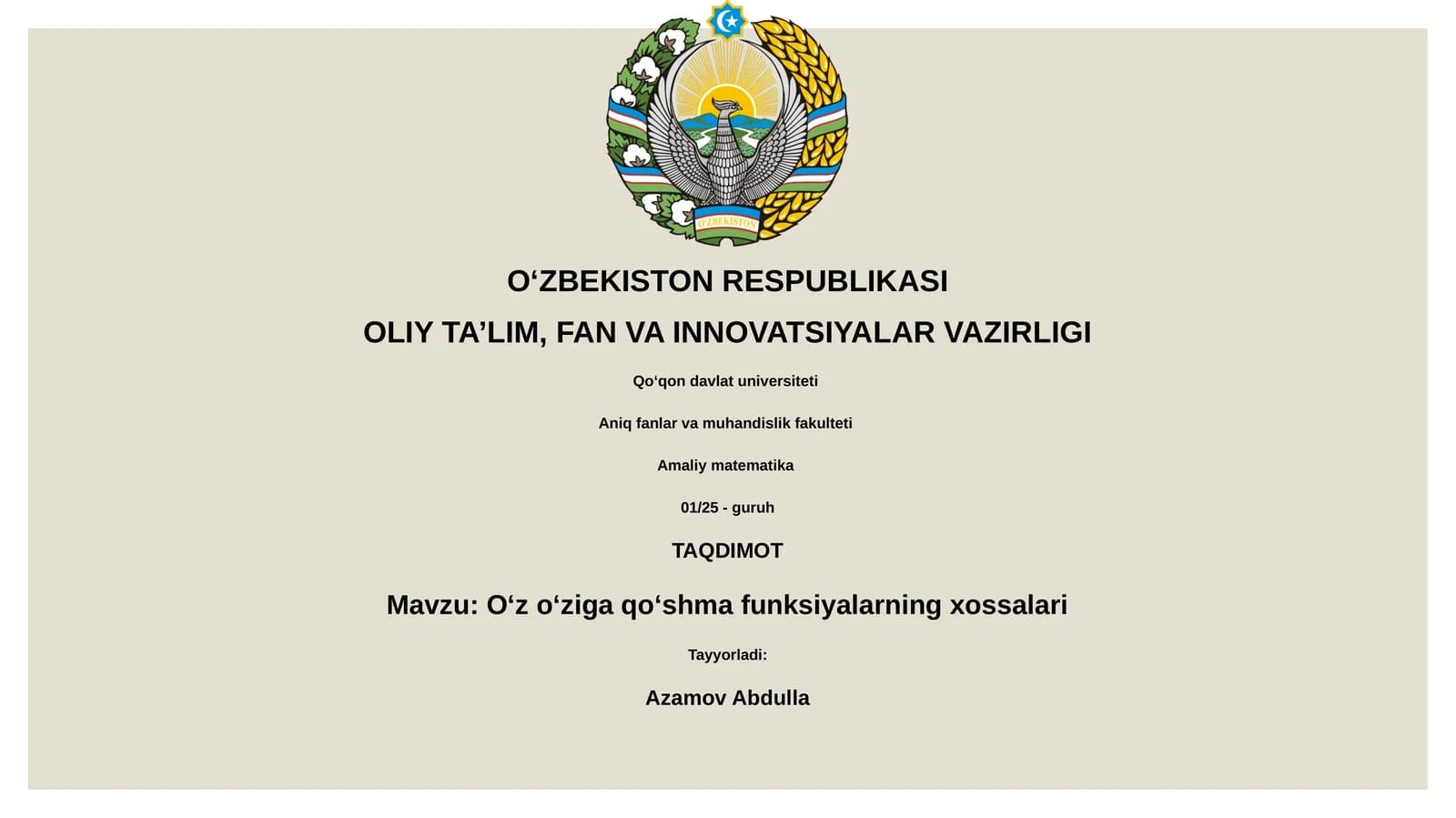 Oʻz oʻziga qoʻshma funksiyalarning xossalari