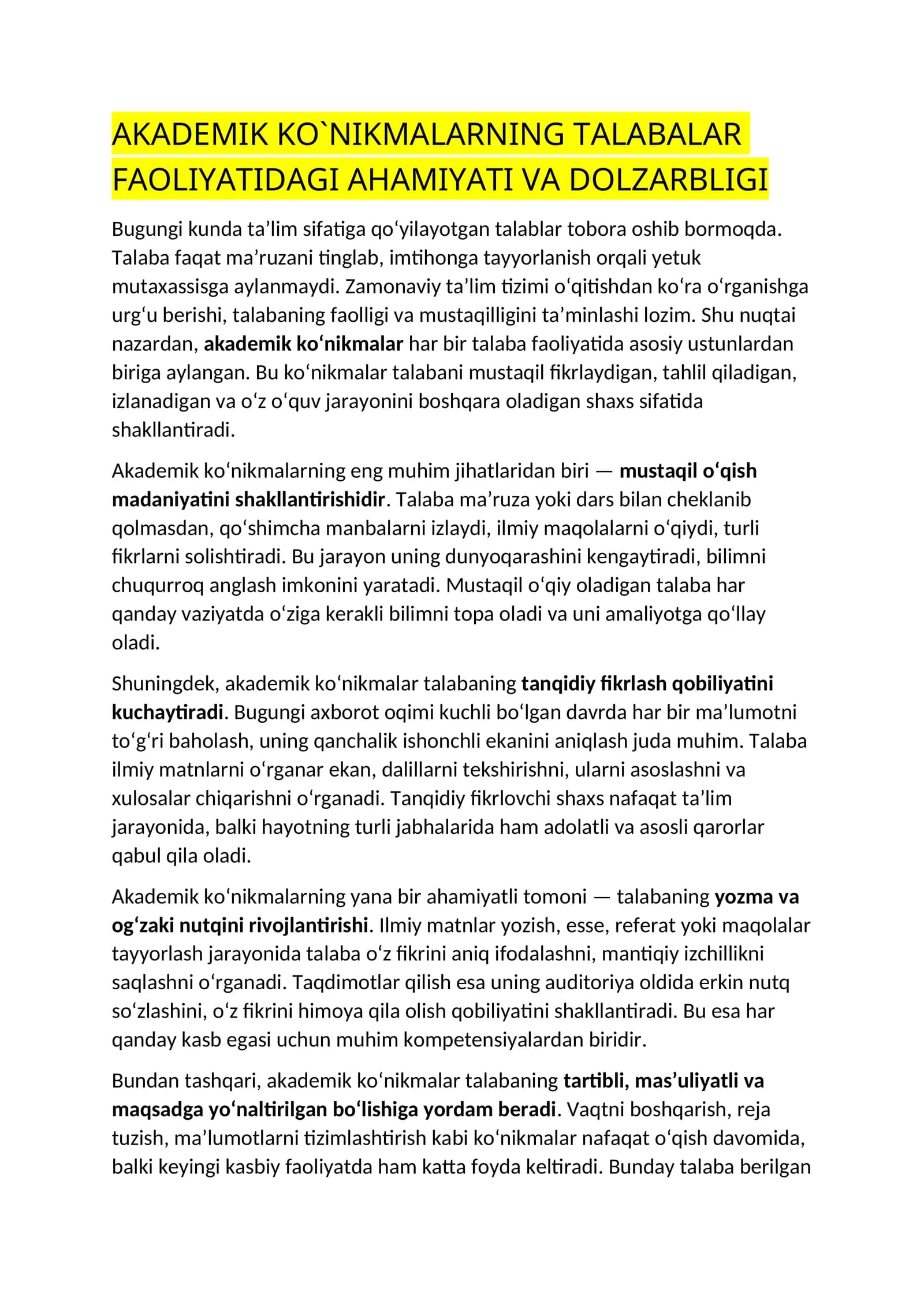 AKADEMIK KO`NIKMALARNING TALABALAR FAOLIYATIDAGI AHAMIYATI VA DOLZARBLIGI