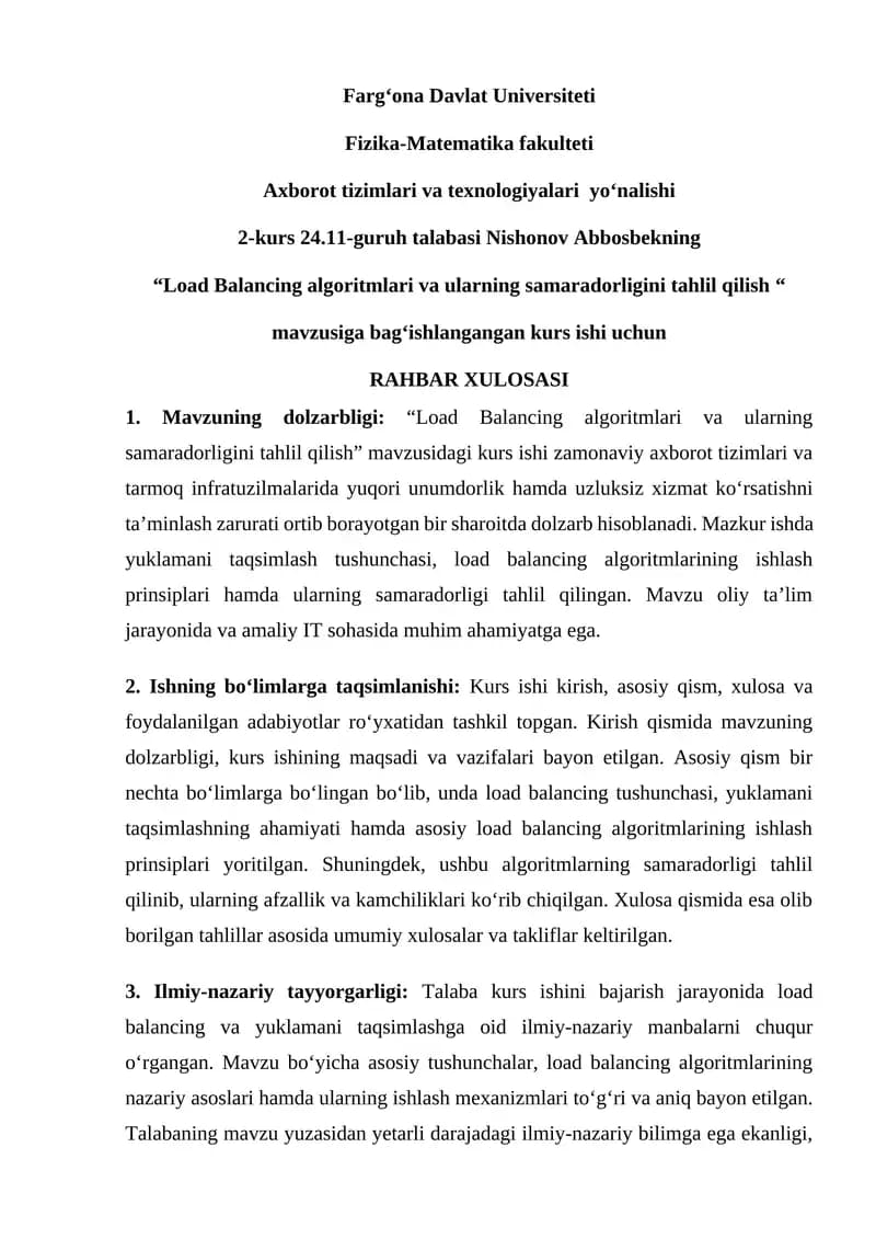 “Load Balancing algoritmlari va ularning samaradorligini tahlil qilish“