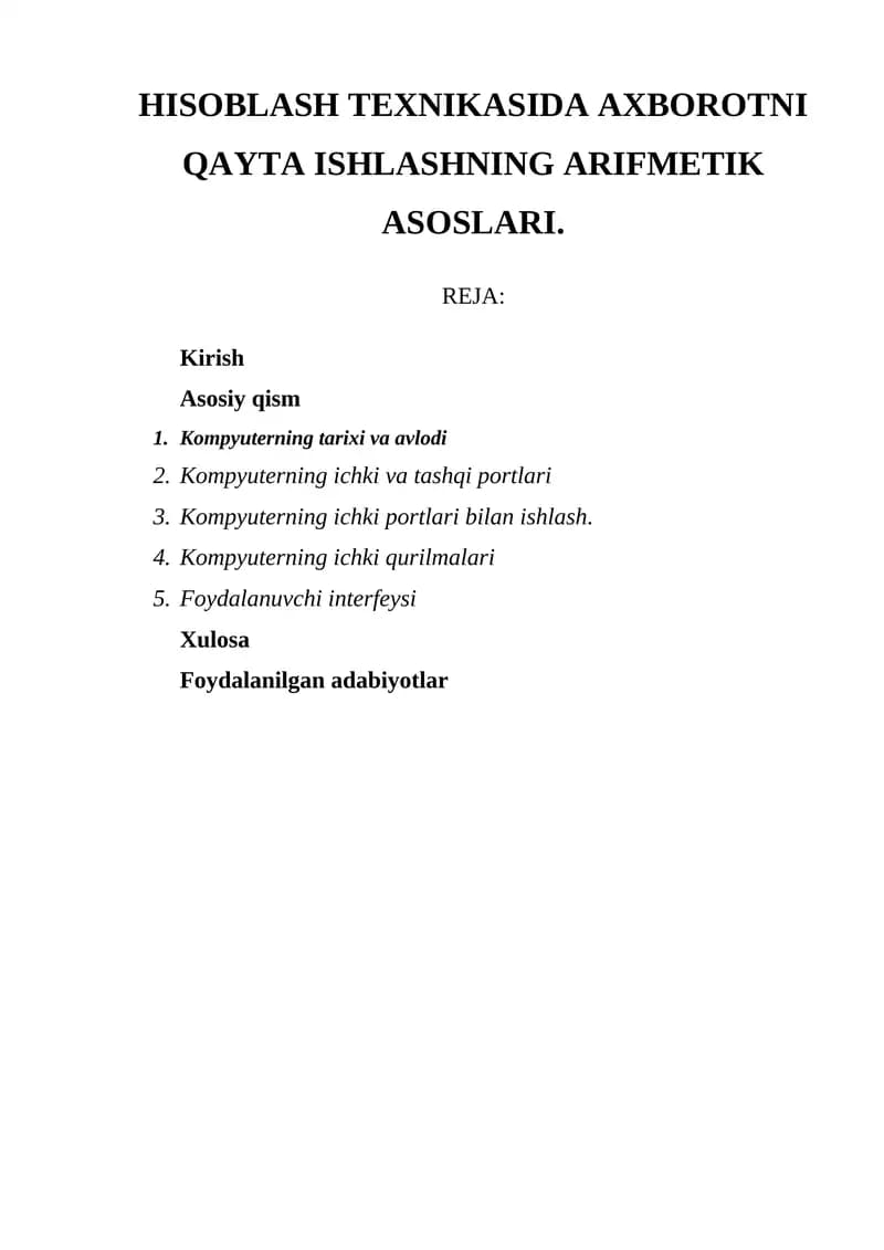 Axborotni qayta ishlashning arifmetik asoslari