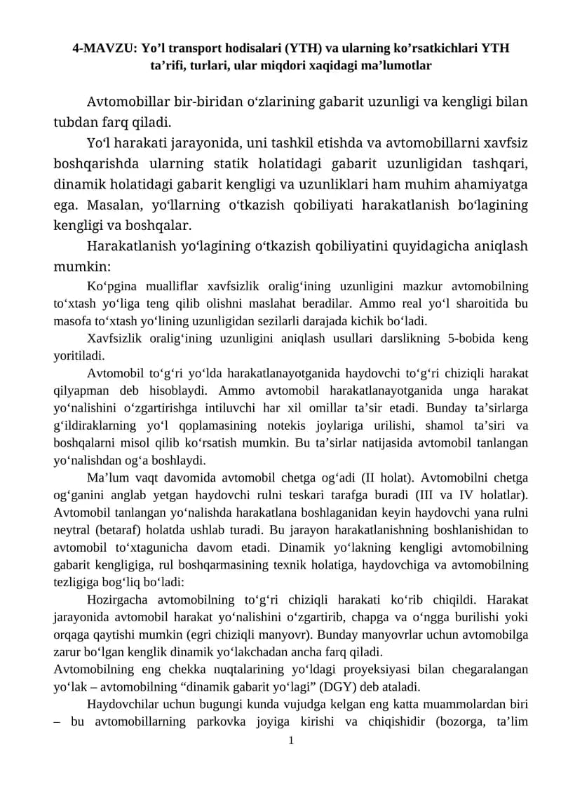 Yo’l transport hodisalari (YTH) va ularning ko’rsatkichlari