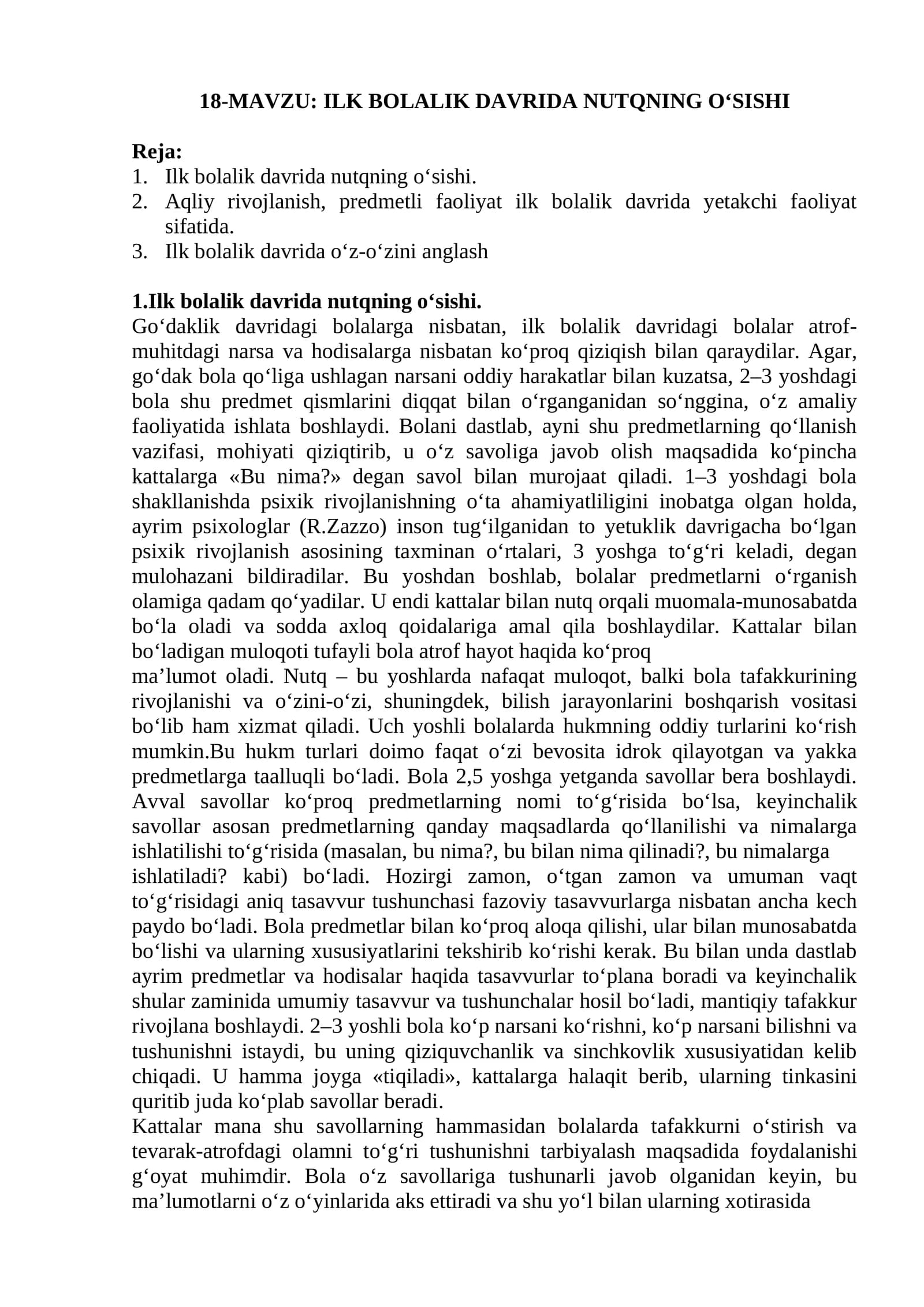 ILK BOLALIK DAVRIDA NUTQNING O‘SISHI