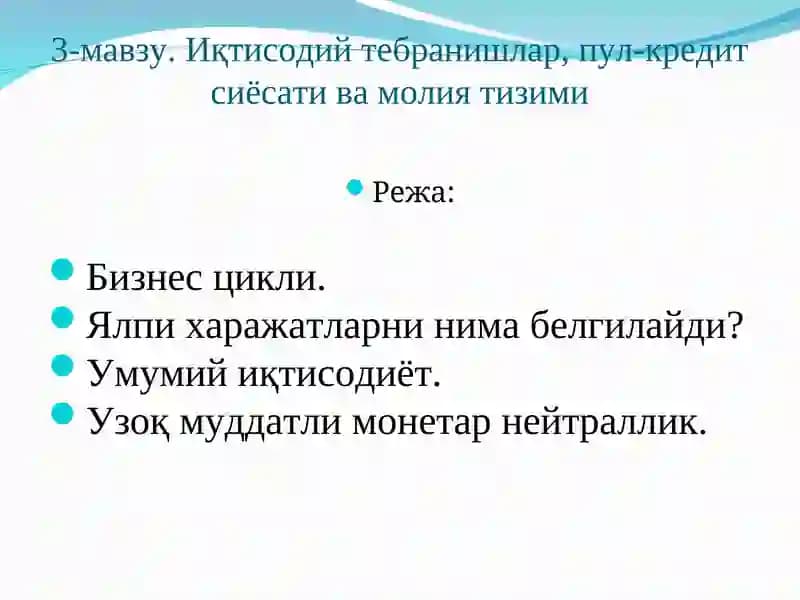 Иқтисодий тебранишлар, пул-кредит сиёсати ва молия тизими