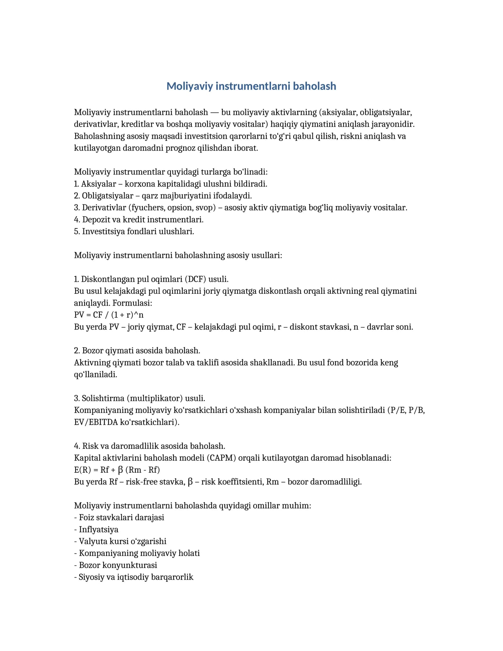 Moliyaviy instrumentlarni baholash