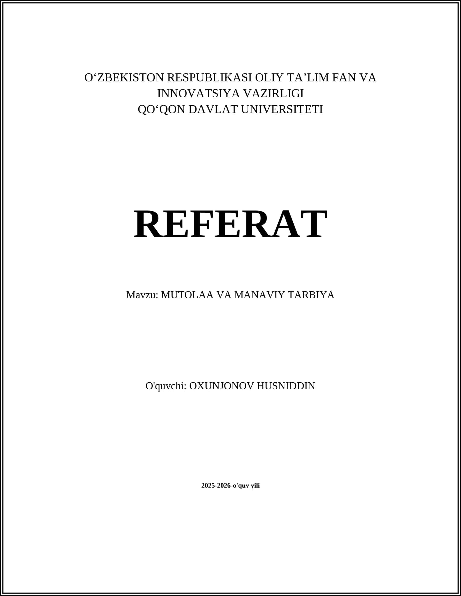 MUTOLAA VA MANAVIY TARBIYA