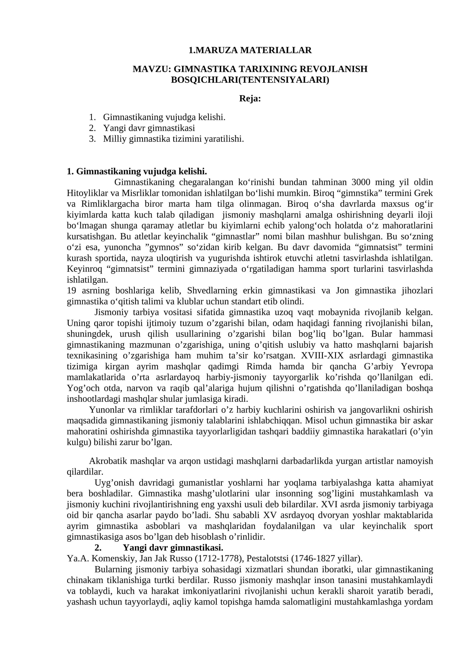 GIMNASTIKA TARIXINING REVOJLANISH BOSQICHLARI(TENTENSIYALARI)
