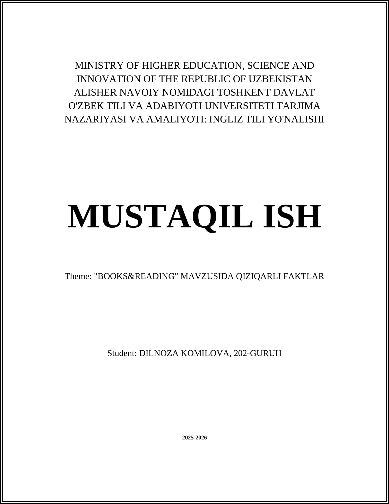 TOSHKENT DAVLAT O'ZBEK TILI VA ADABIYOTI UNIVERSITETI TARJIMA NAZARIYASI VA AMALIYOTI: INGLIZ TILI YO'NALISHI