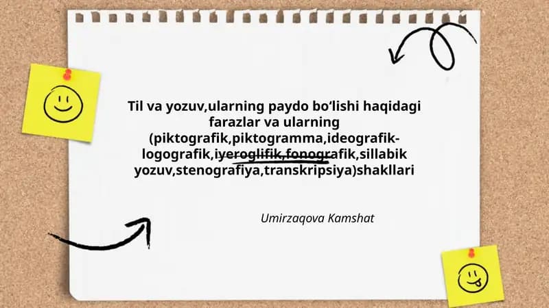 Til va yozuv,ularning paydo boʻlishi haqidagi farazlar va ularning (piktografik,piktogramma,ideografik-logografik,iyeroglifik,fonografik,sillabik yozuv,stenografiya,transkripsiya)shakllari