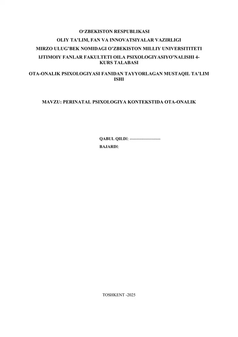 PERINATAL PSIXOLOGIYA KONTEKSTIDA OTA-ONALIK