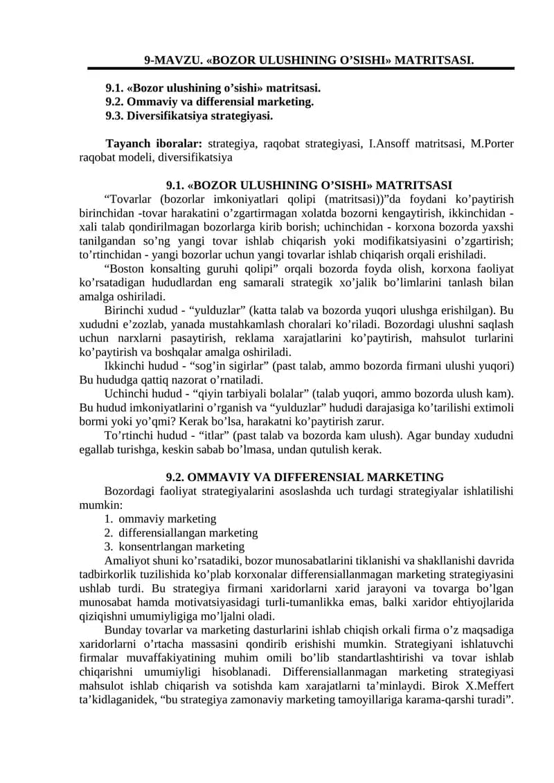 Bozor ulushining o’sishi matritsasi