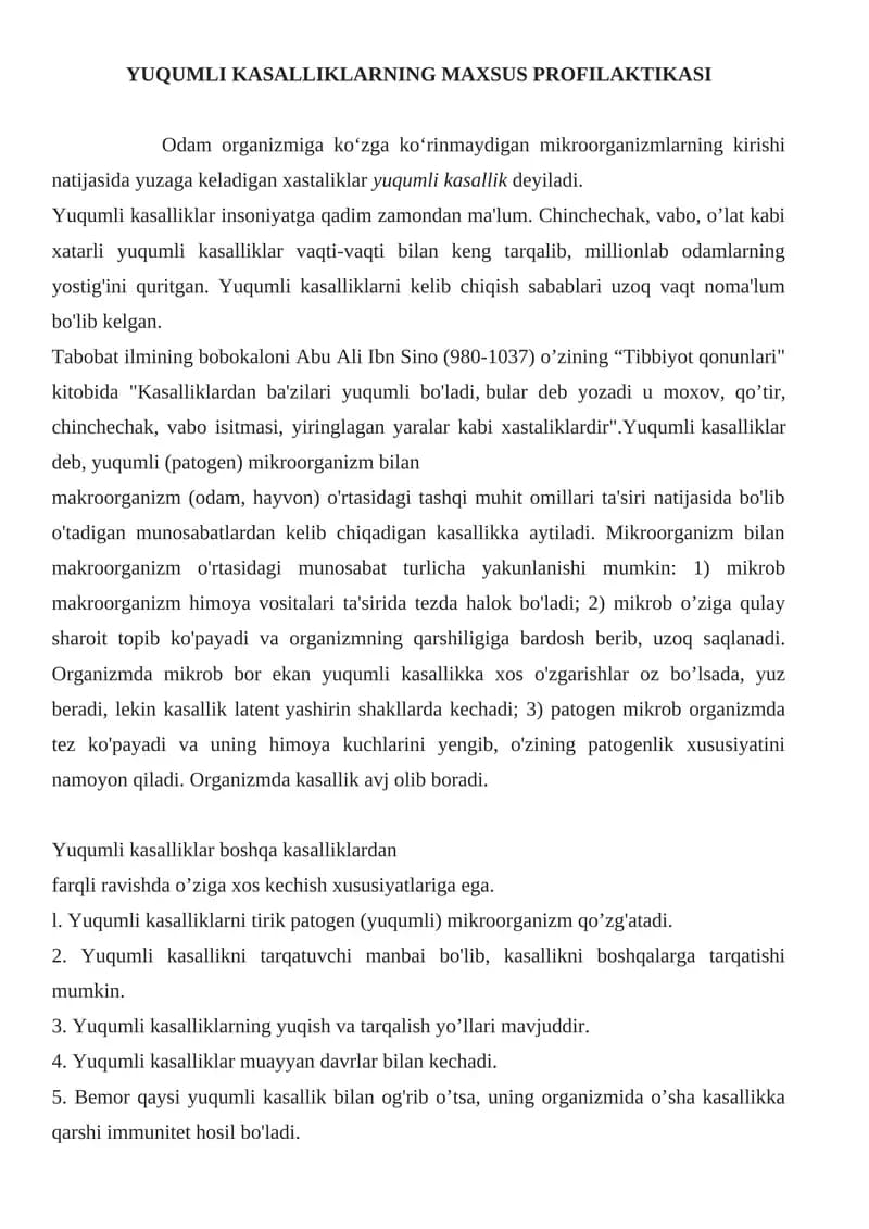 YUQUMLI KASALLIKLARNING MAXSUS PROFILAKTIKASI