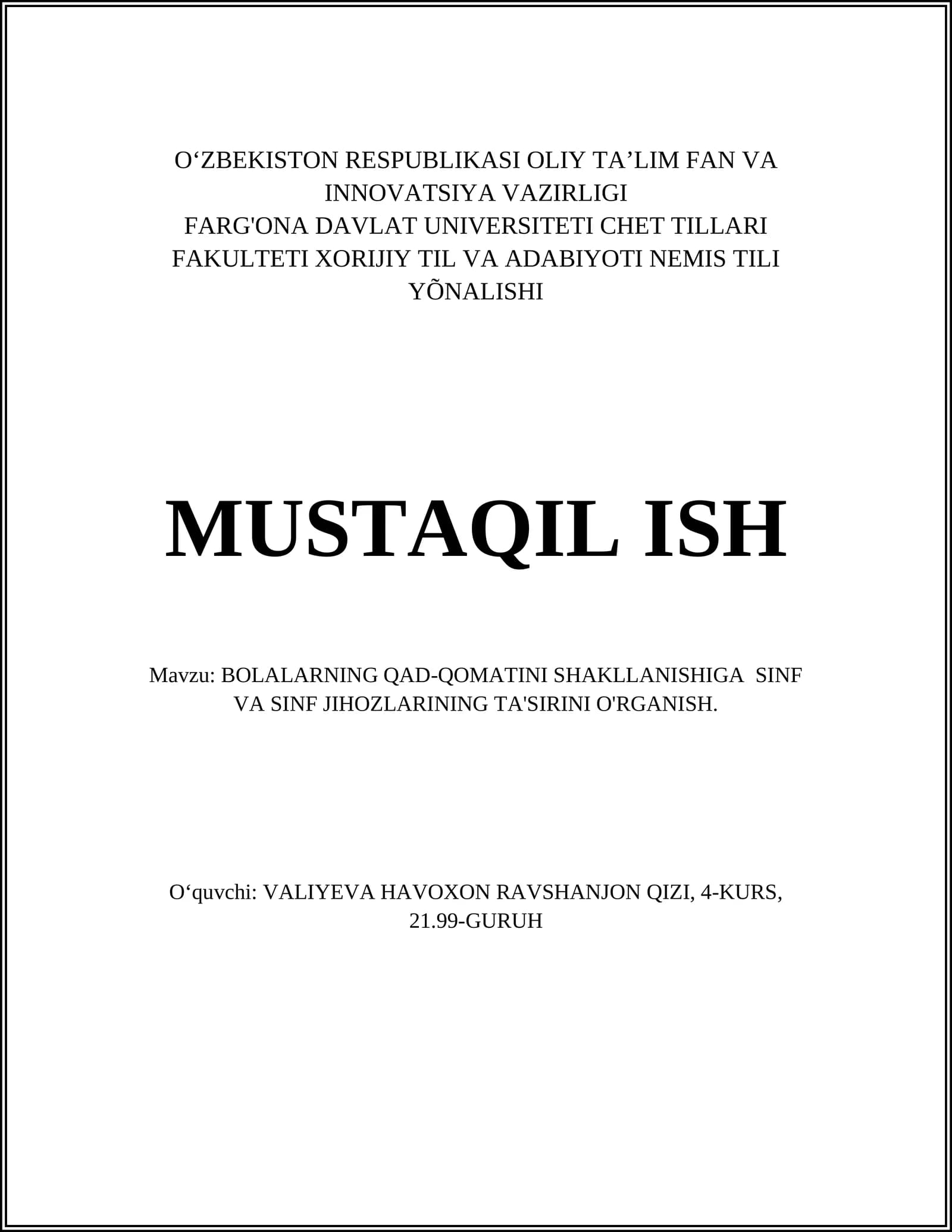 Bola qaddi-qomatini shakllanishiga sinf va sinf jihozlarining ta'siri