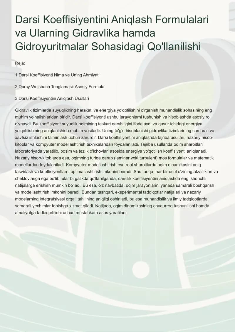 Darsi Koeffisiyentini Aniqlash Formulalari va Ularning Gidravlika hamda Gidroyuritmalar Sohasidagi Qo'llanilishi