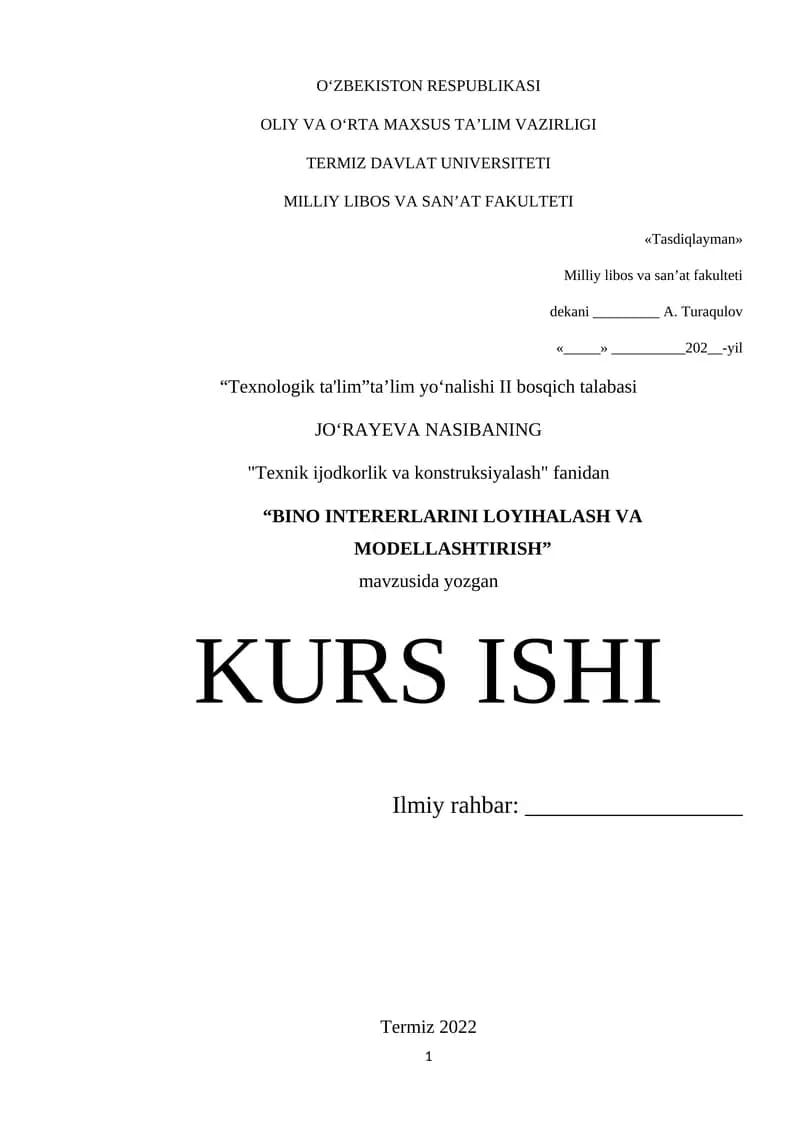 BINO INTERERLARINI LOYIHALASH VA MODELLASHTIRISH