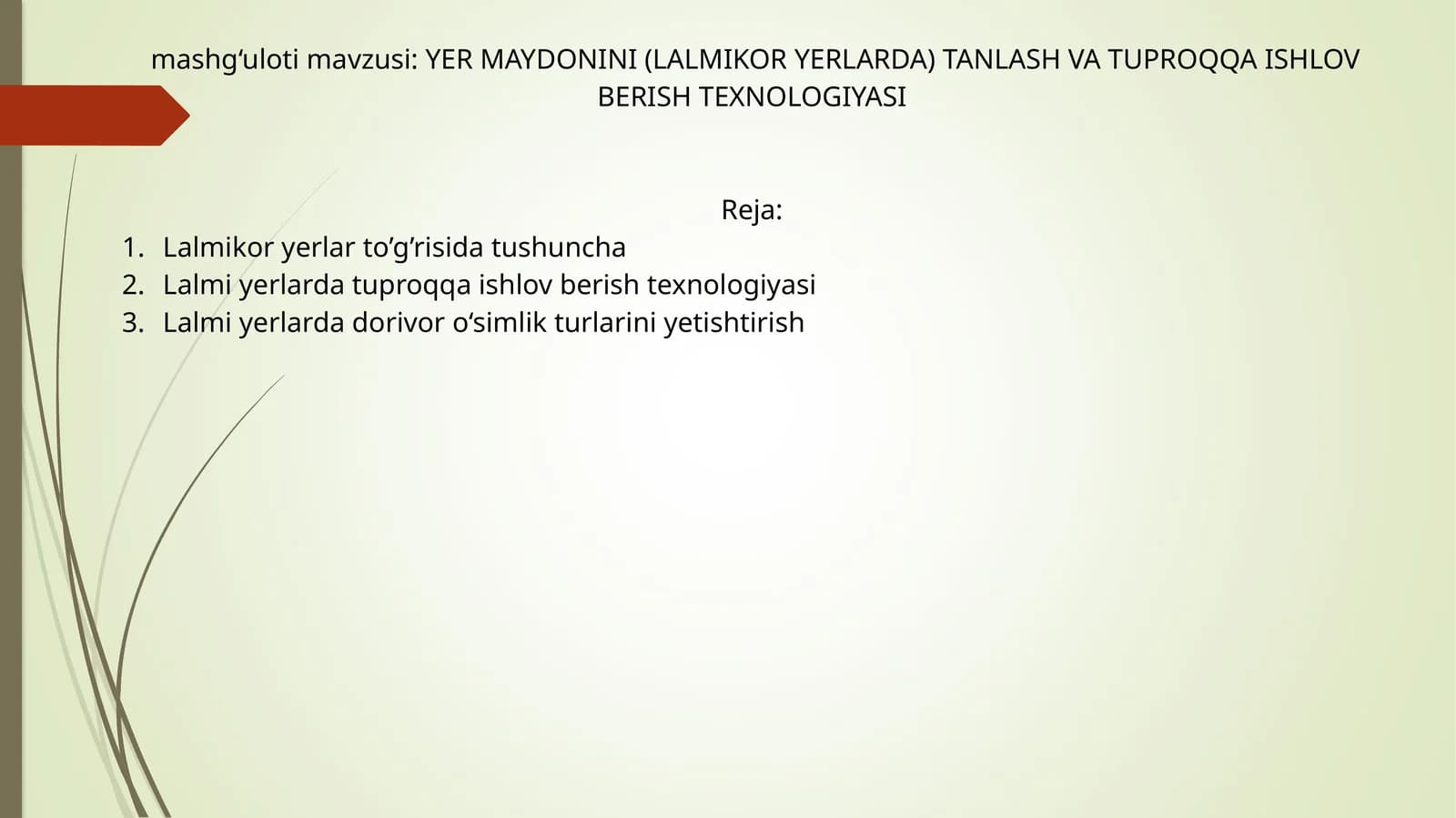 YER MAYDONINI (LALMIKOR YERLARDA) TANLASH VA TUPROQQA ISHLOV BERISH TEXNOLOGIYASI