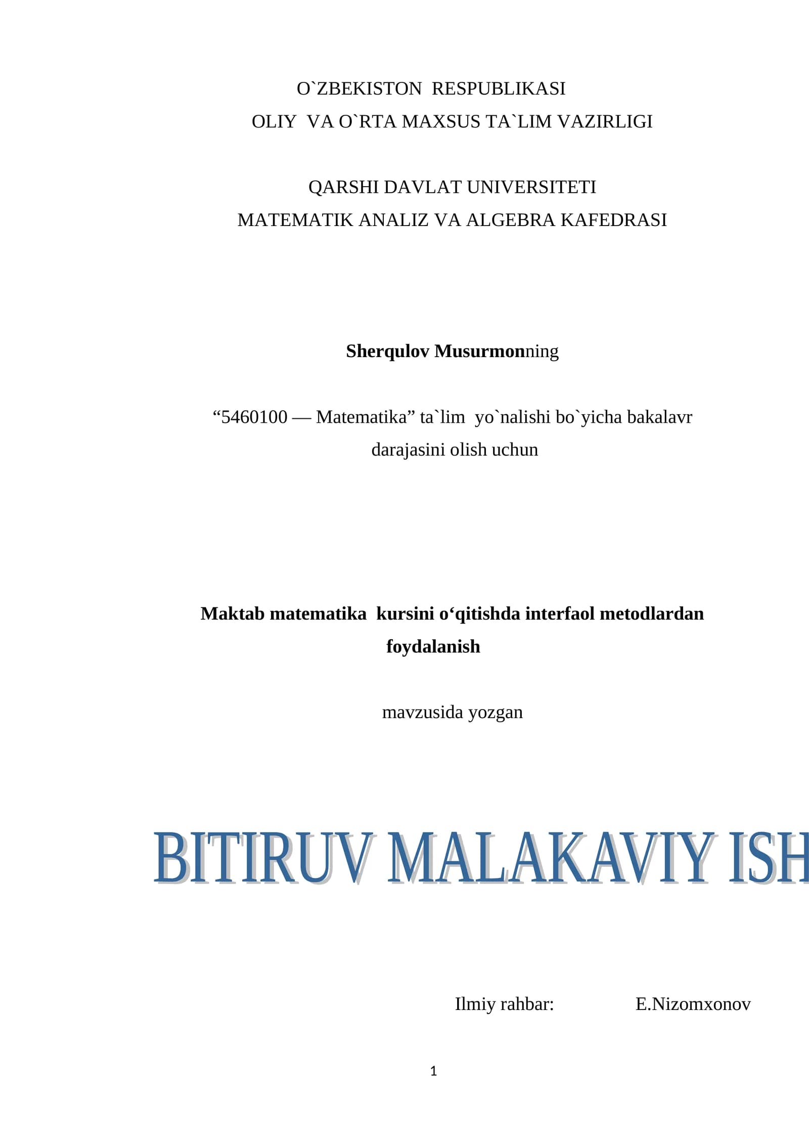Maktab matematika kursini o‘qitishda interfaol metodlardan foydalanish
