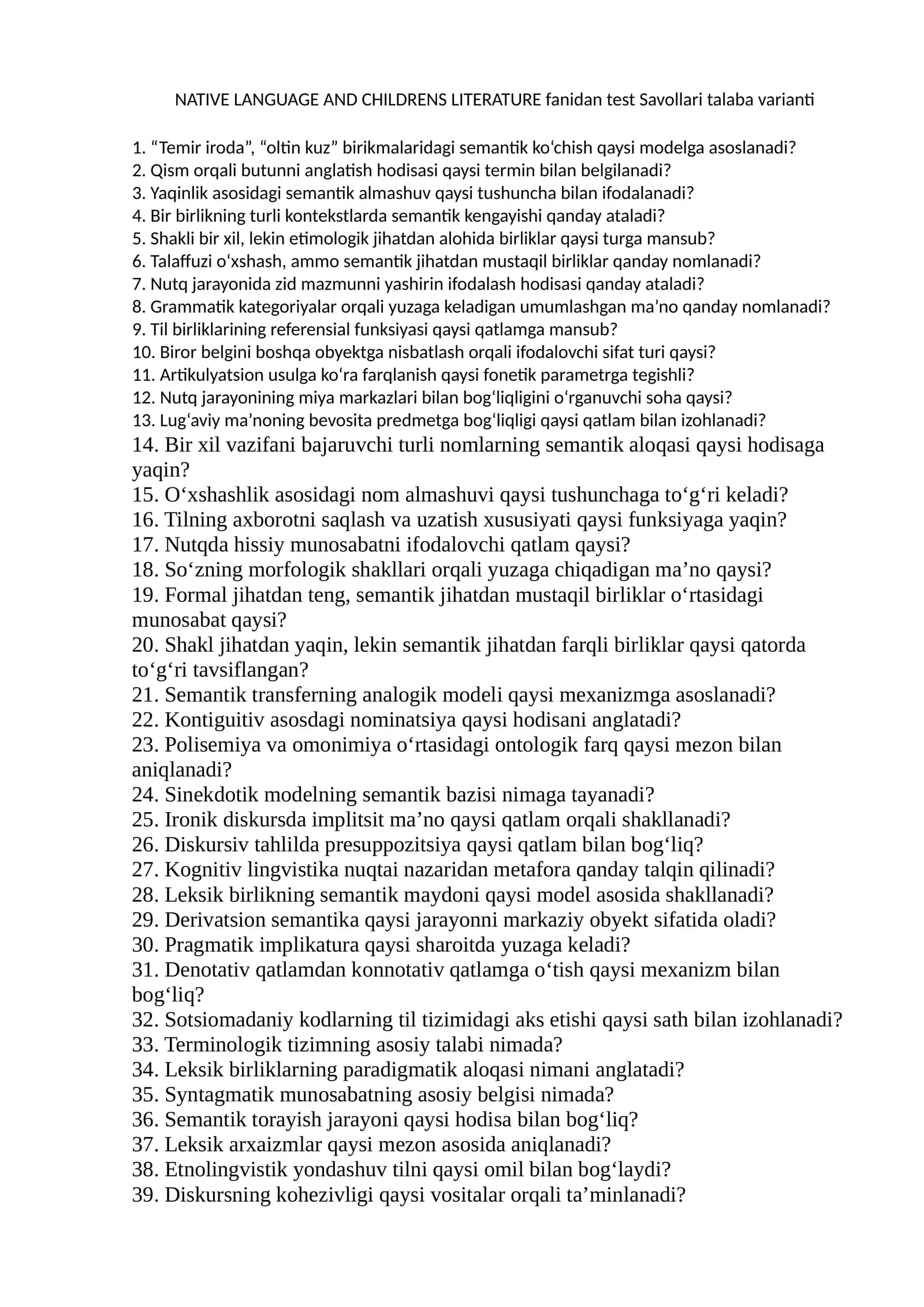 NATIVE LANGUAGE AND CHILDRENS LITERATURE fanidan test Savollari talaba varianti