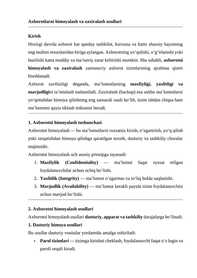 Axborotlarni himoyalash va zaxiralash usullari