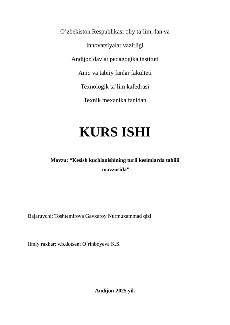 KESISH KUCHLANISHINING TURLI KESIMLARDA TAHLILI