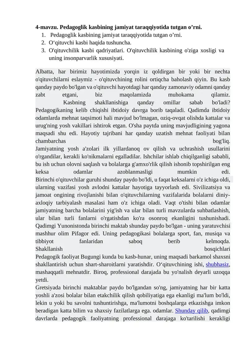 Pedagoglik kasbining jamiyat taraqqiyotida tutgan o’rni