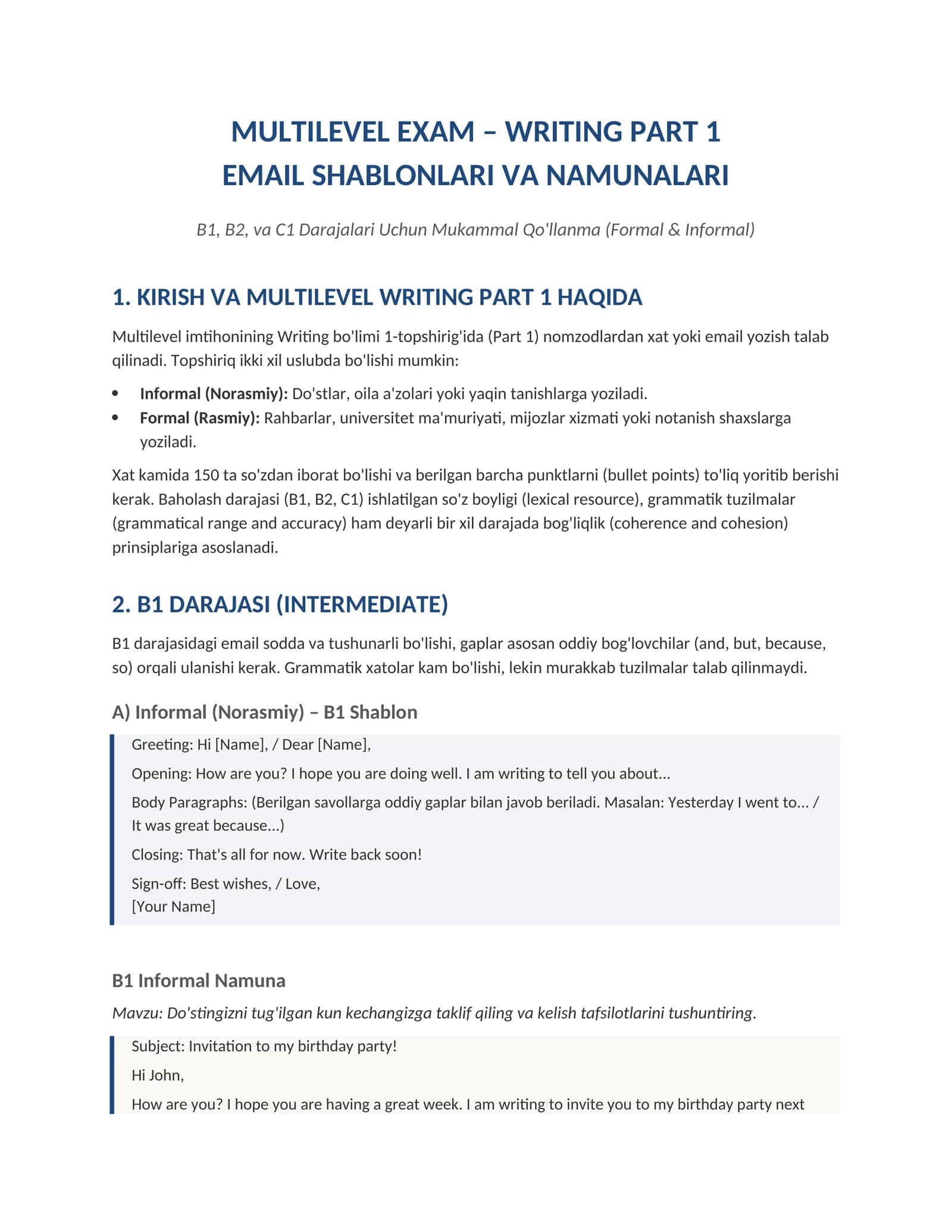 EMAIL SHABLONLARI VA NAMUNALARI