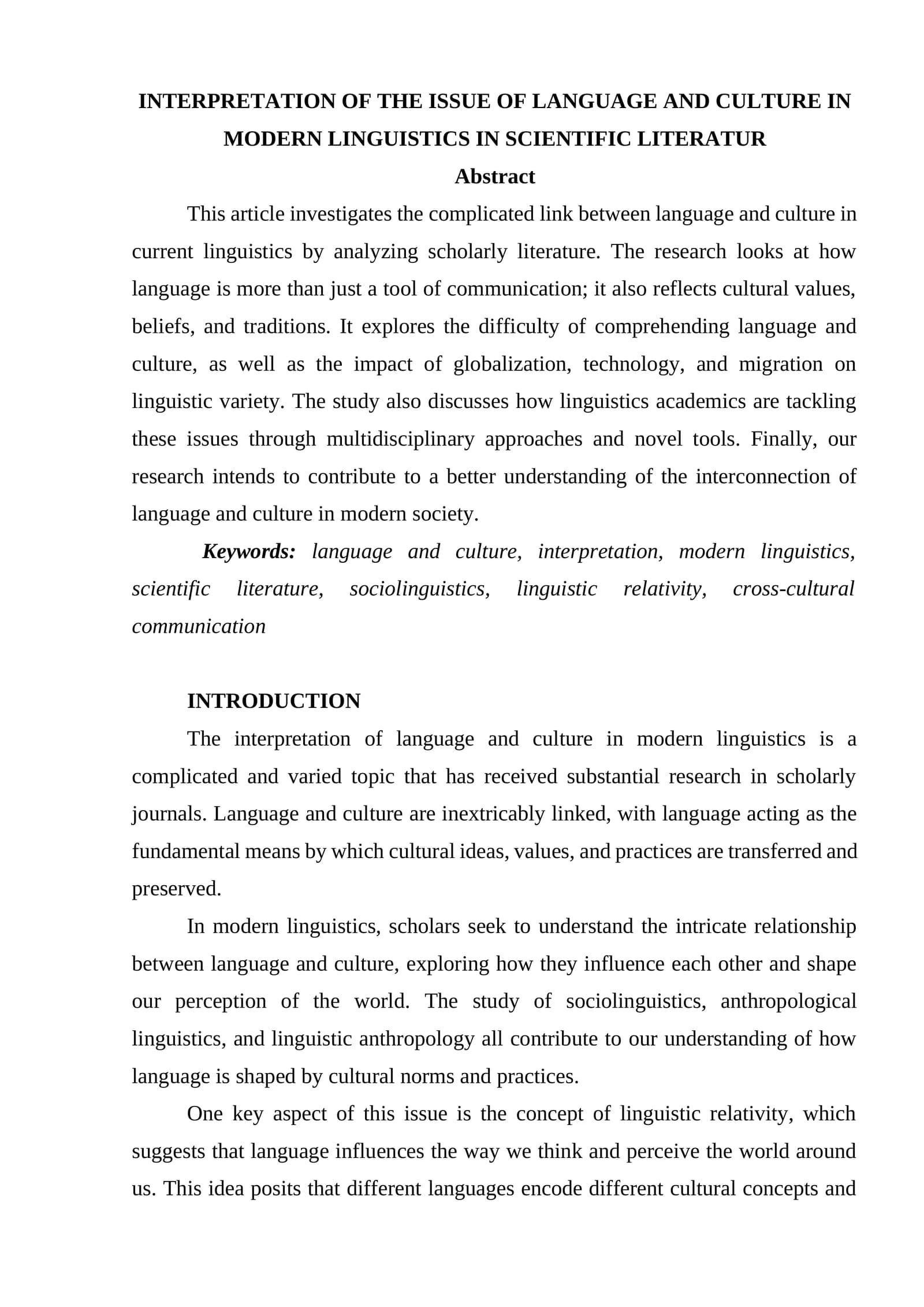 INTERPRETATION OF THE ISSUE OF LANGUAGE AND CULTURE IN MODERN LINGUISTICS IN SCIENTIFIC LITERATUR