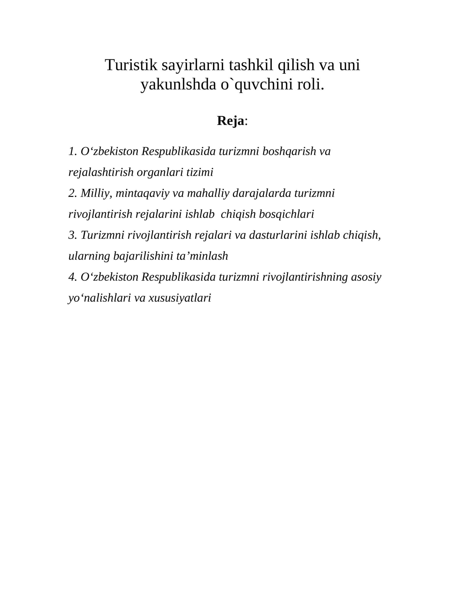 O‘zbekiston Respublikasida Turizmni Boshqarish va Rejalashtirish Organlari Tizimi