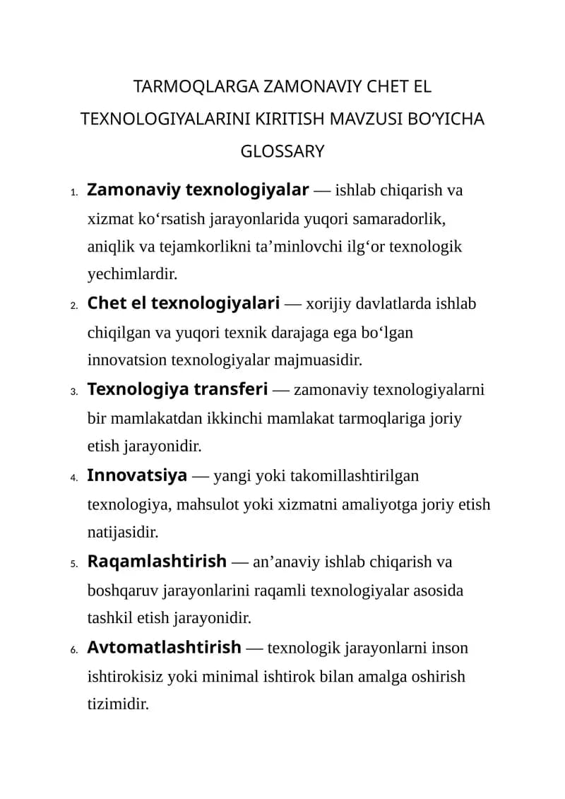 TARMOQLARGA ZAMONAVIY CHET EL TEXNOLOGIYALARINI KIRITISH MAVZUSI