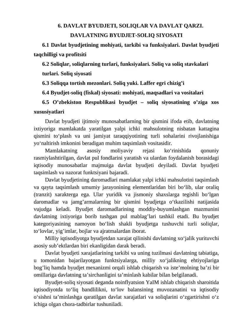 Davlat byudjeti, soliqlar va davlat qarzi
