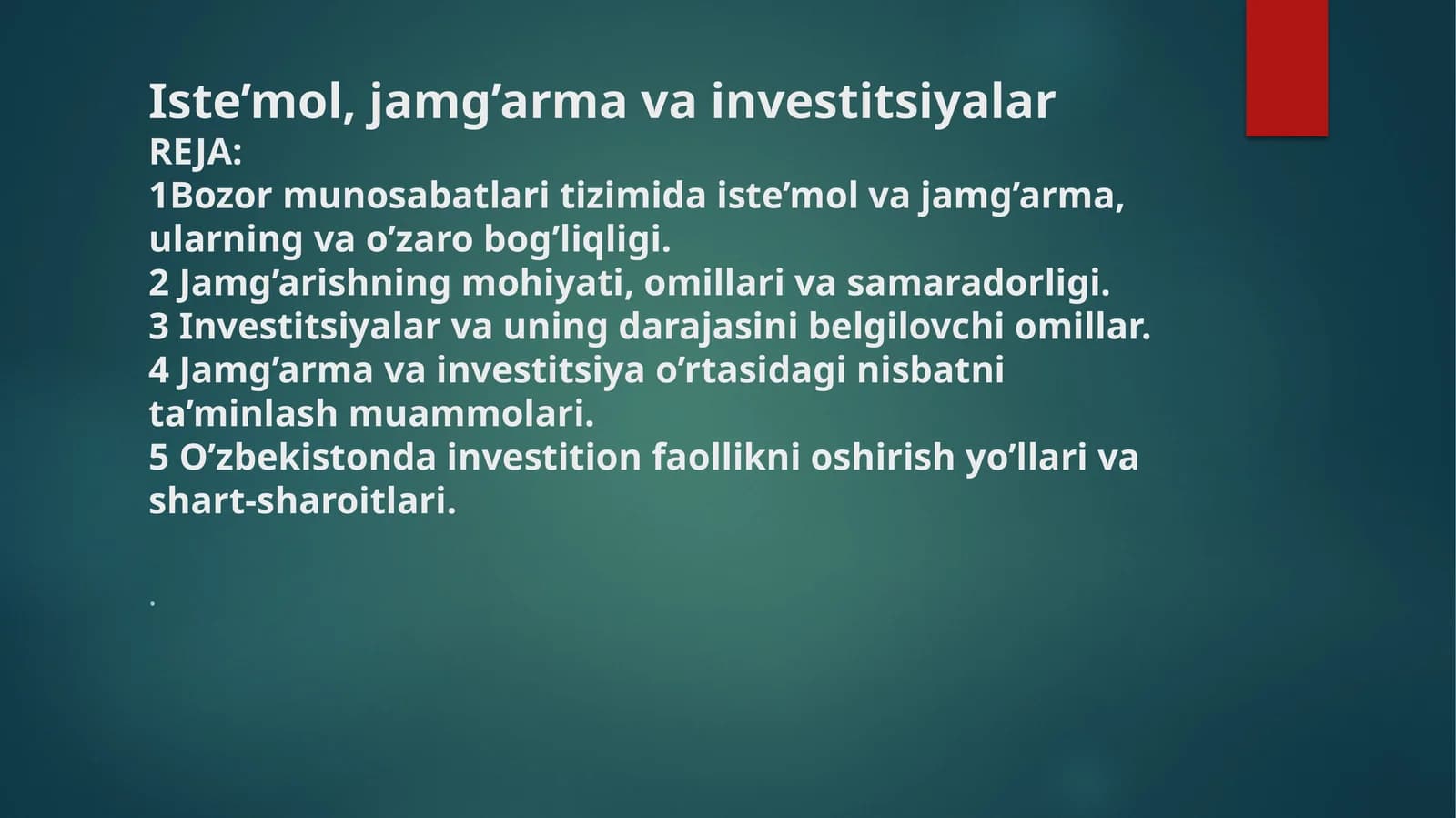 Istemol jamgarma va invistitsiyalar.