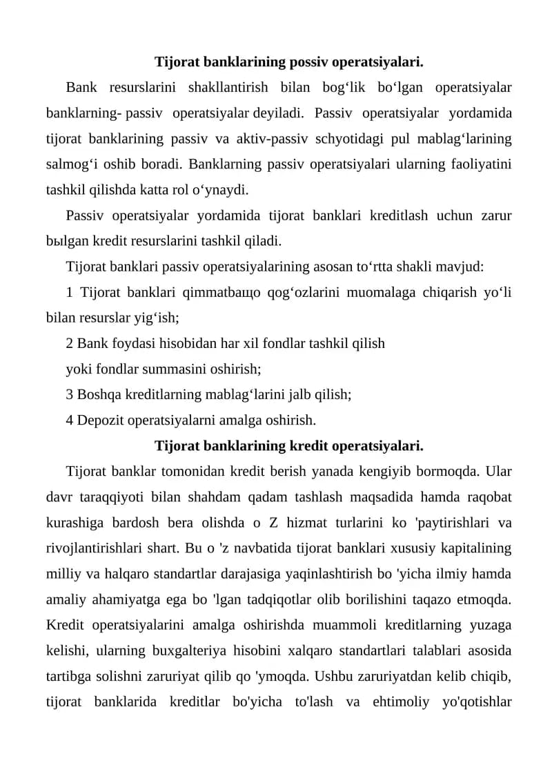 Tijorat banklarining possiv operatsiyalari