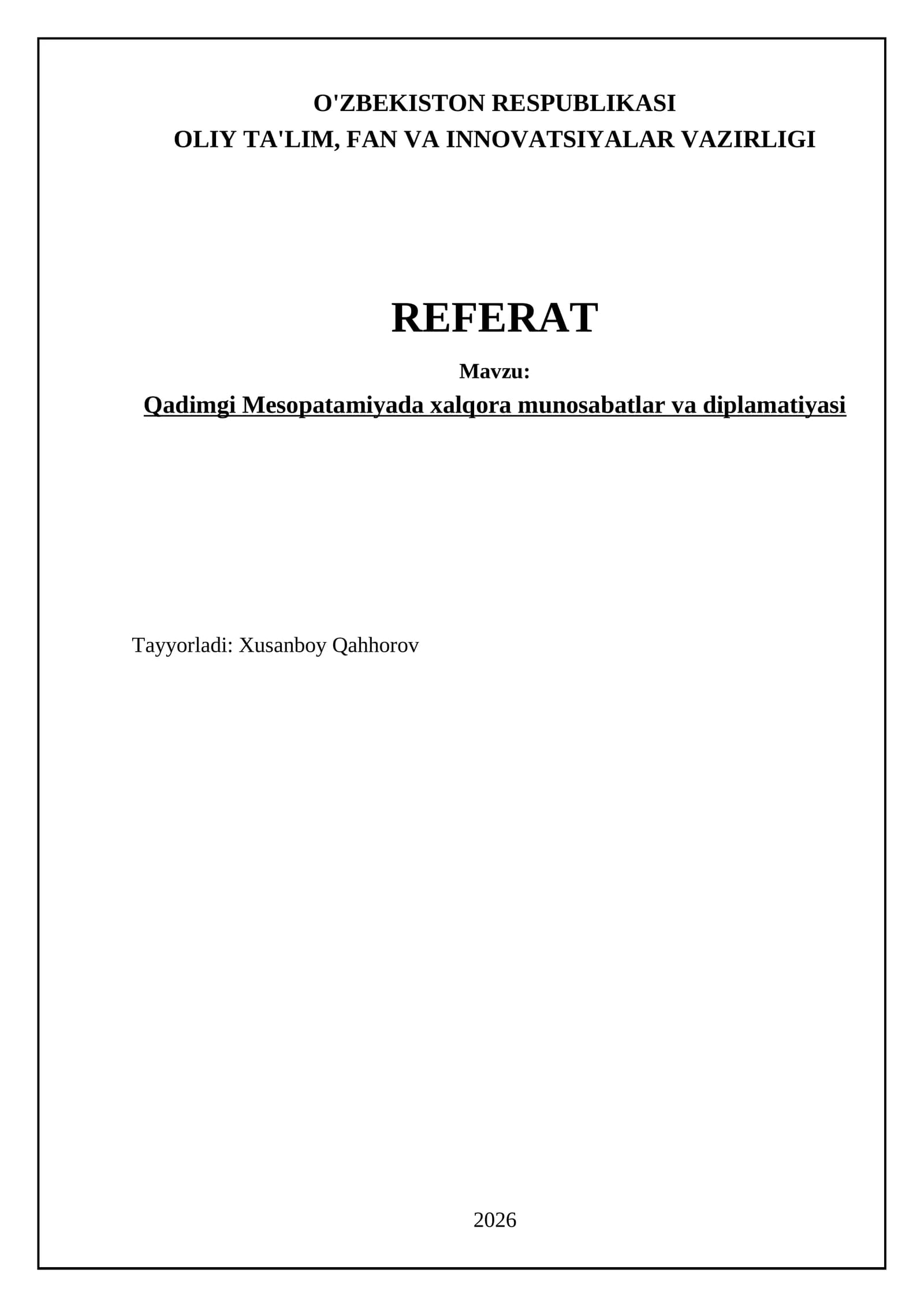 Qadimgi Mesopatamiyada xalqora munosabatlar va diplamatiyasi