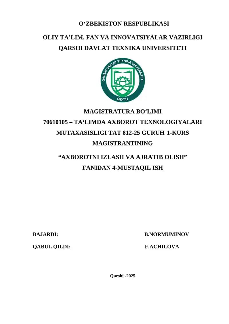 Axborotni izlash va ajratishda tartibli indeks, Bayes modellari va elektron resurslarni sinflash algoritmlari yaratish