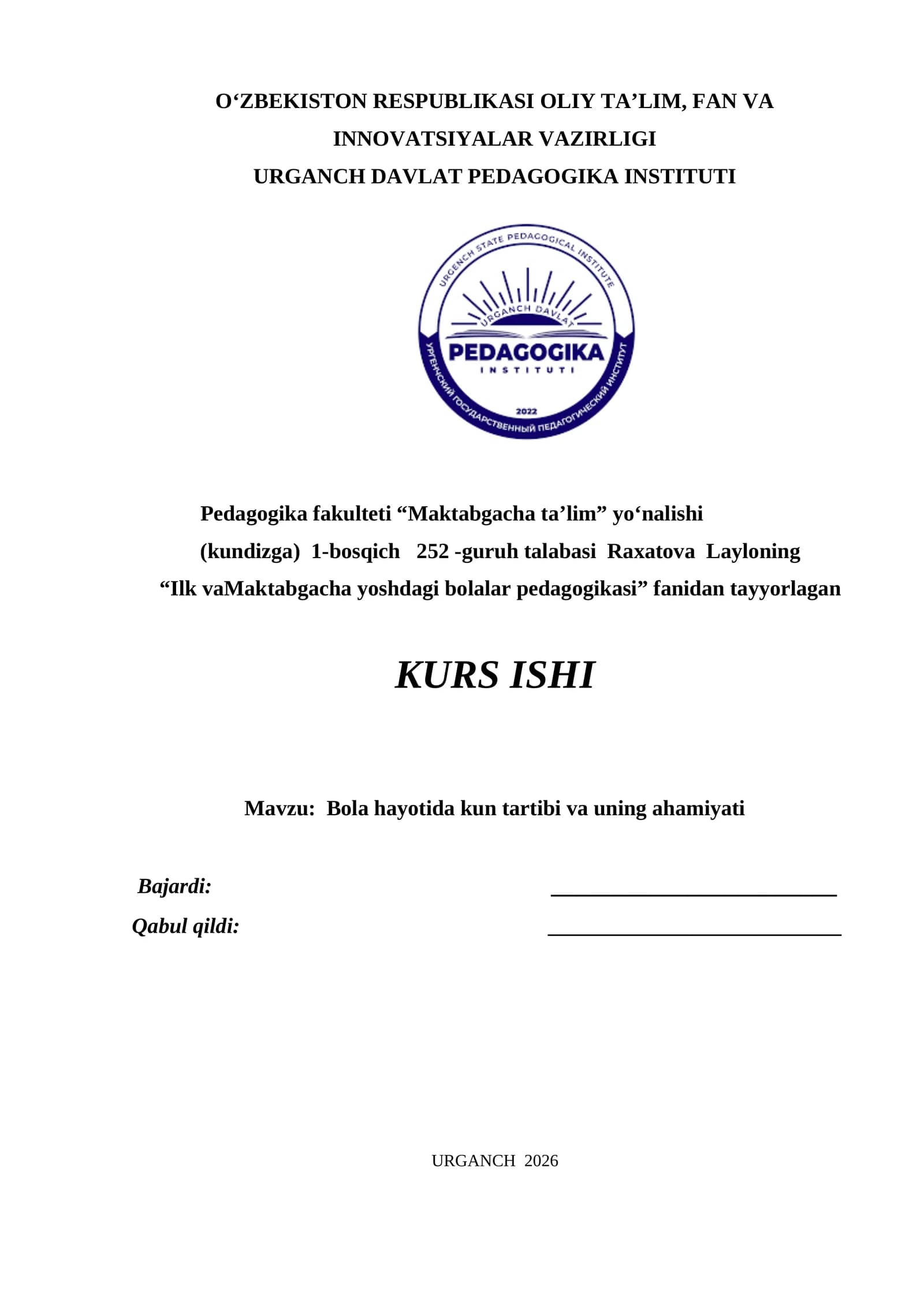 Bola hayotida kun tartibi va uning ahamiyati