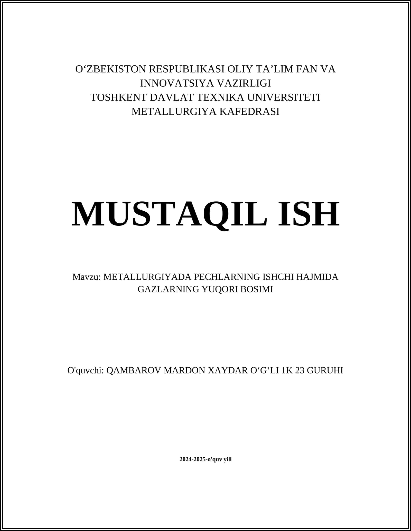 METALLURGIYADA PECHLARNING ISHCHI HAJMIDA GAZLARNING YUQORI BOSIMI