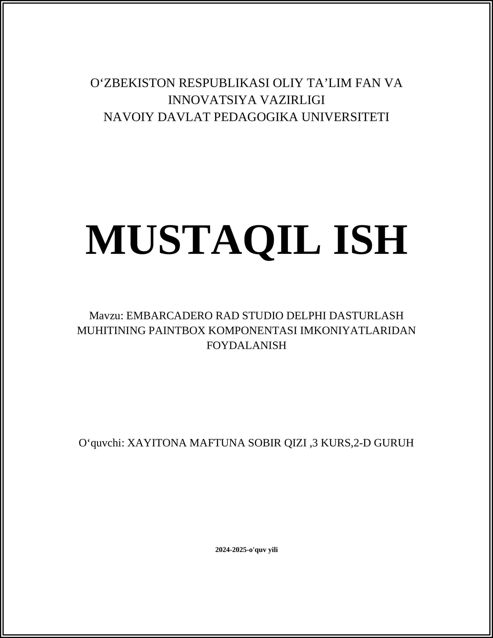 EMBARCADERO RAD STUDIO DELPHI DASTURLASH MUHITINING PAINTBOX KOMPONENTASI IMKONIYATLARIDAN FOYDALANISH