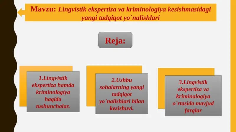 Lingvistik ekspertiza va kriminologiya kesishmasidagi yangi tadqiqot yo`nalishlari