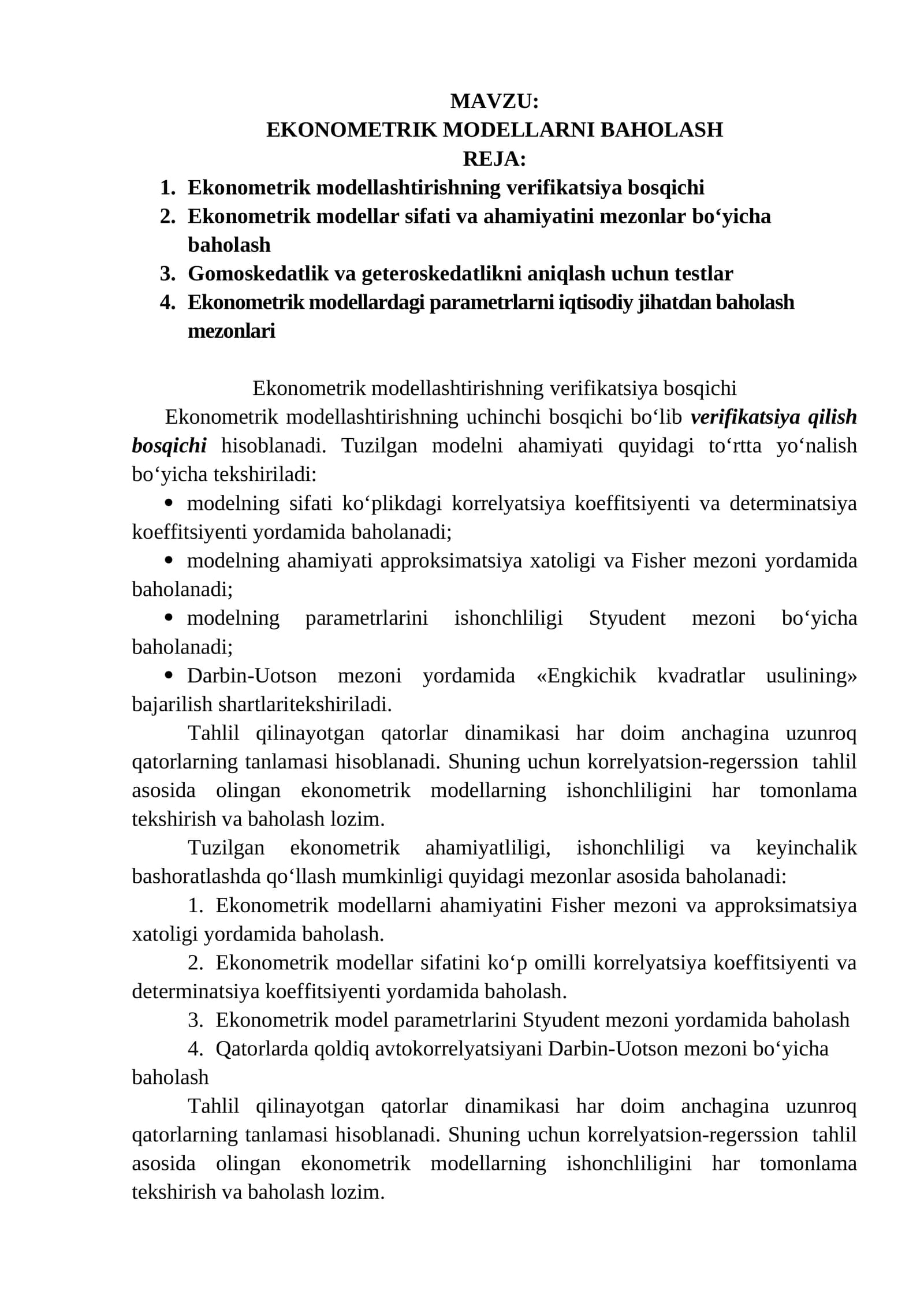 EKONOMETRIK MODELLARNI BAHOLASH