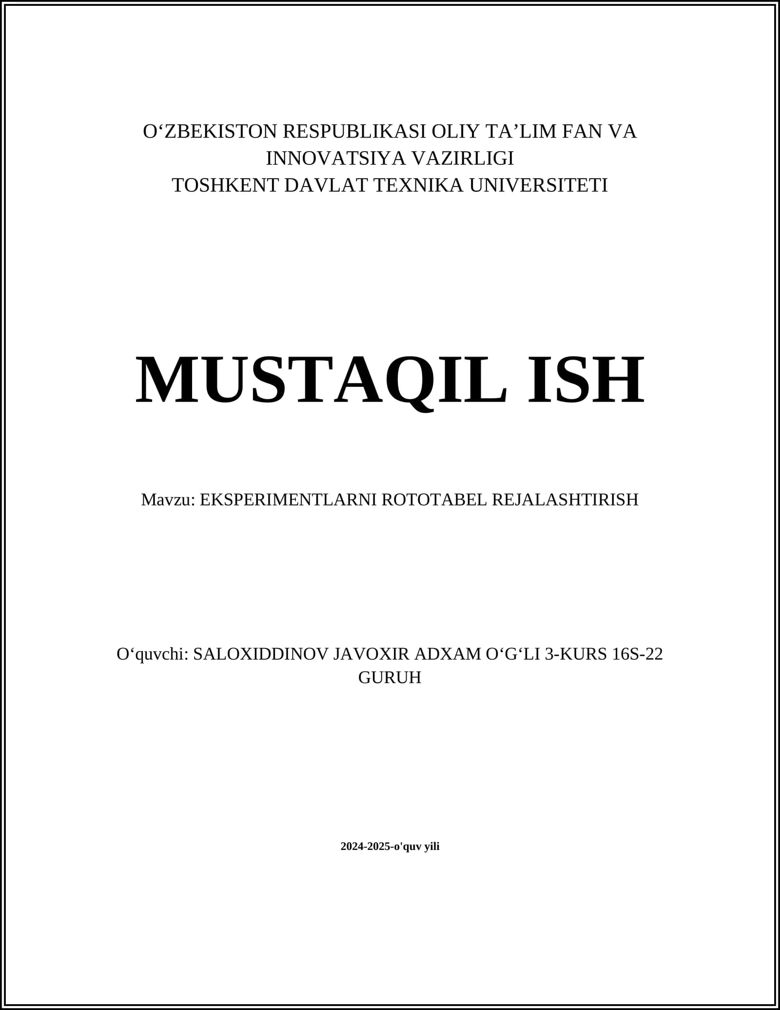 EKSPERIMENTLARNI ROTOTABEL REJALASHTIRISH