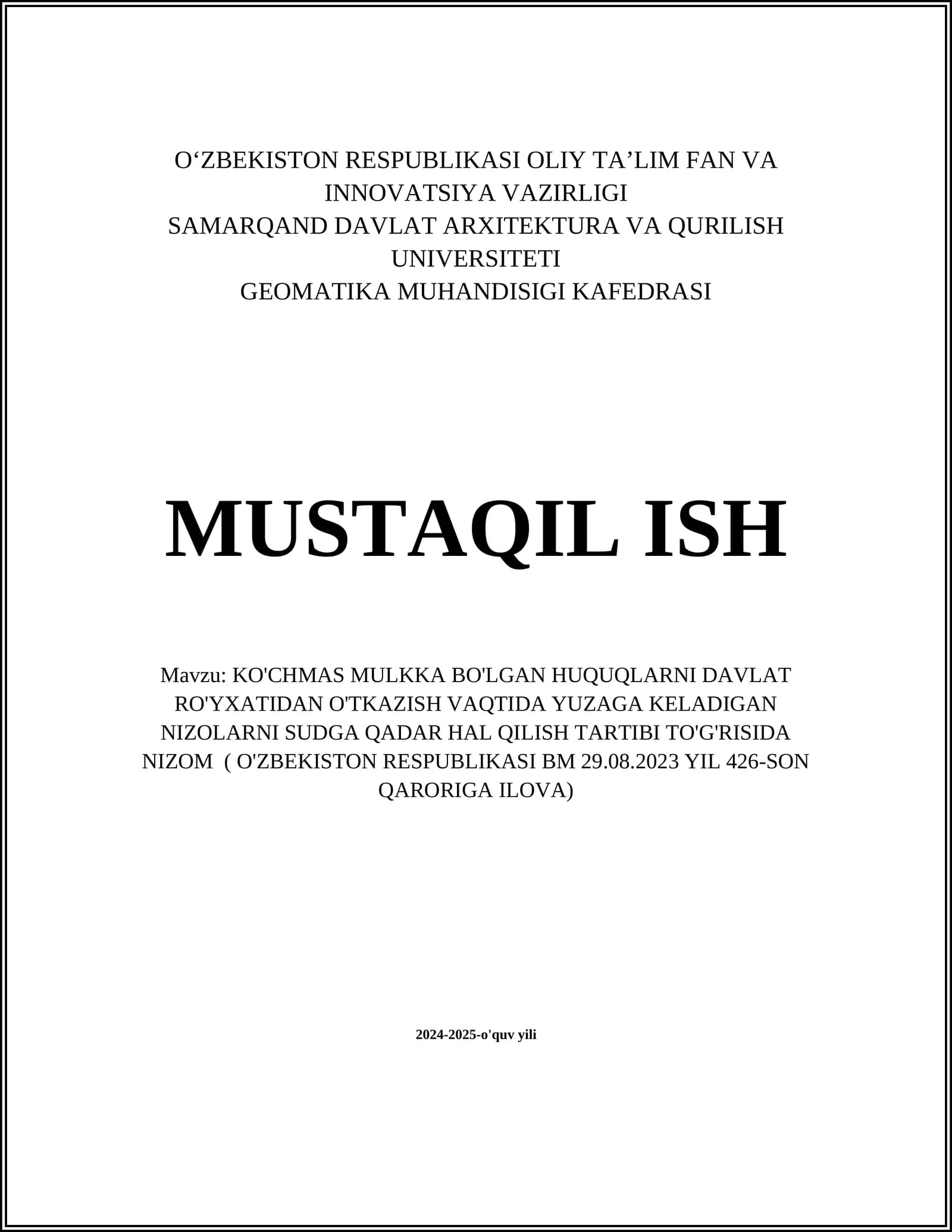 KO'CHMAS MULKKA BO'LGAN HUQUQLARNI DAVLAT RO'YXATIDAN O'TKAZISH VAQTIDA YUZAGA KELADIGAN NIZOLARNI SUDGA QADAR HAL QILISH TARTIBI