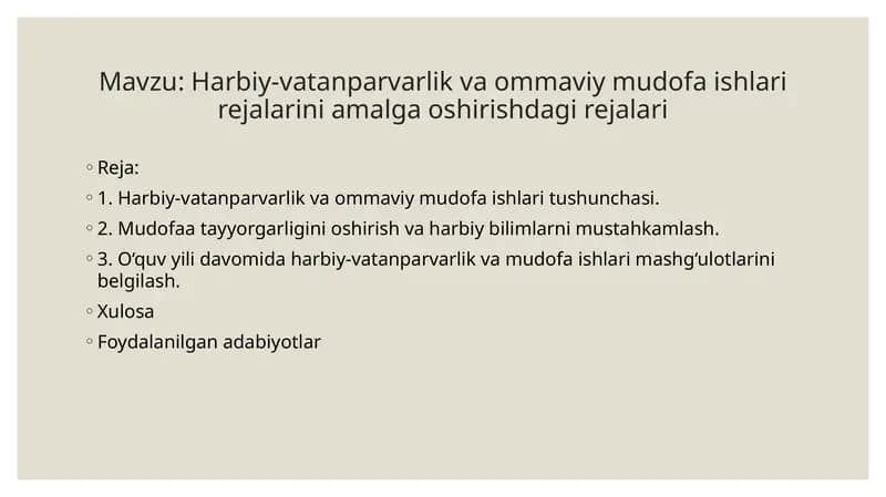 Harbiy-vatanparvarlik va ommaviy mudofa ishlari rejalarini amalga oshirishdagi rejalari