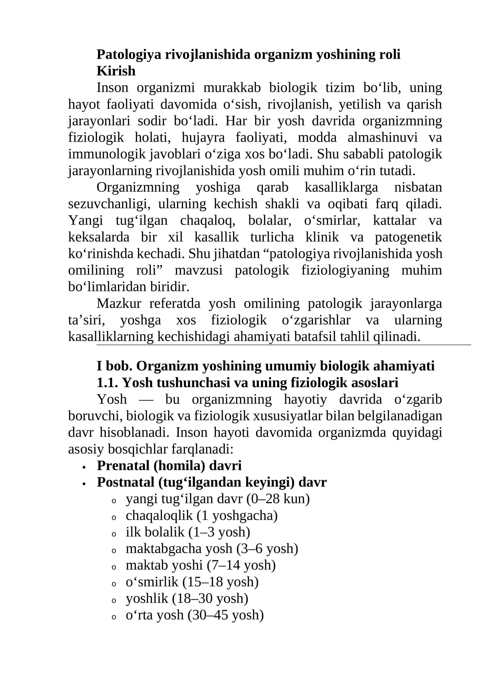 Patologiya rivojlanishida organizm yoshining roli