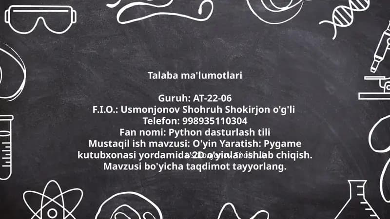 O'yin Yaratish: Pygame kutubxonasi yordamida 2D o'yinlar ishlab chiqish