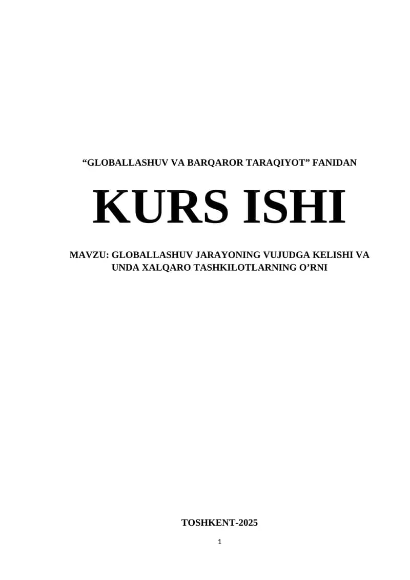 "GLOBALLASHUV VA BARQAROR TARAQIYOT" FANIDAN KURS ISHI