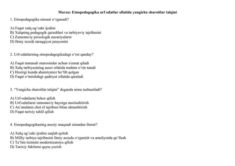 Etnopedagogika urf odatlar sifatida yangicha sharoitlar talqini