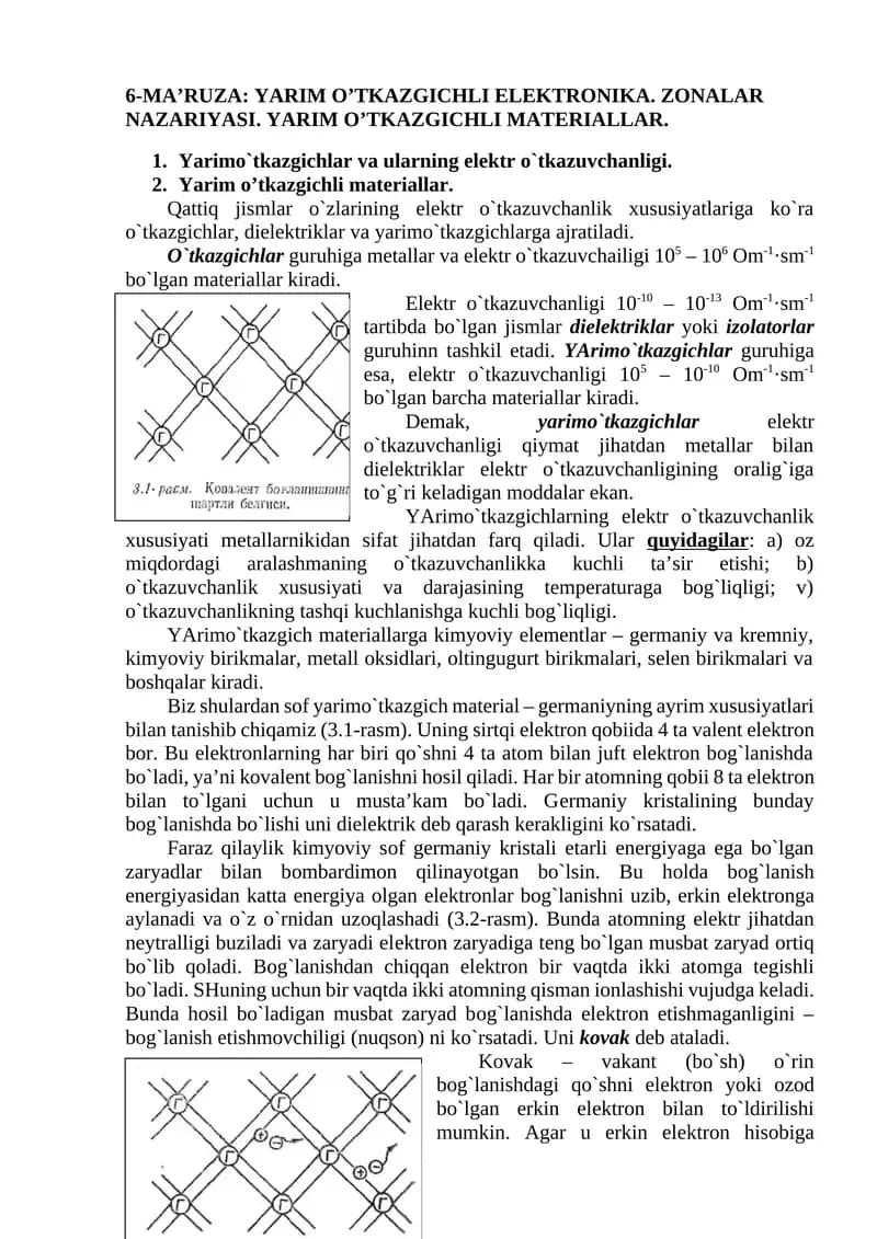 Yarim O'tkazgichli Elektronika. Zonalar Nazariyasi. Yarim O'tkazgichli Materiallar